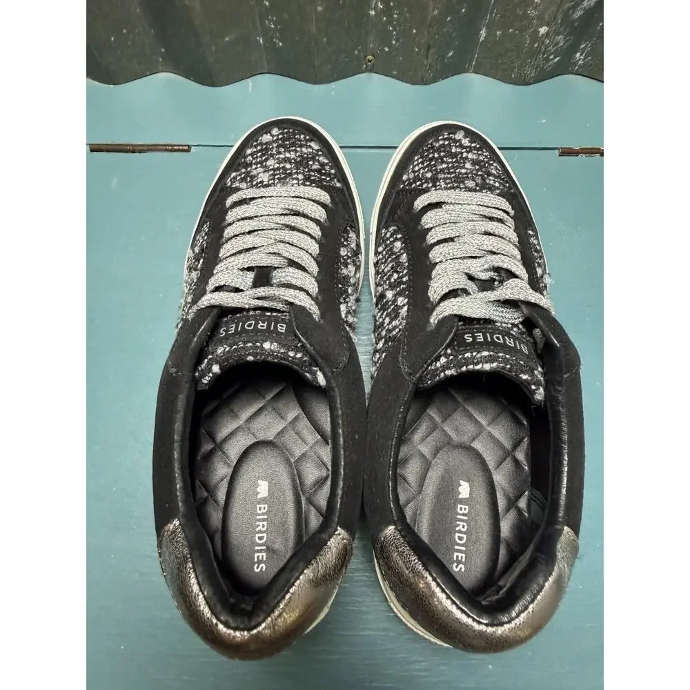 Birdies The Cardinal Orbit Boucle Tweed Sneakers Suede Trim Black Silver Size 7
